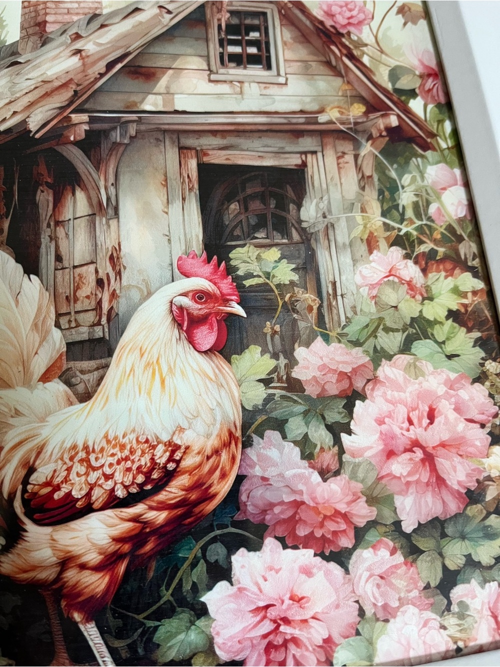 Hobby Lobby White Framed Rooster Art Print with Pink Floral Accents - Picture 12 of 13